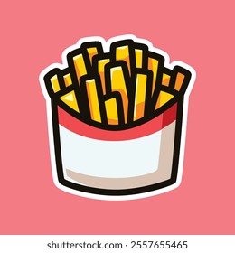 Vibrant cartoon-style illustration of crispy French fries in a red and white container on a pink background. Ideal for food-related designs, branding, and creative projects