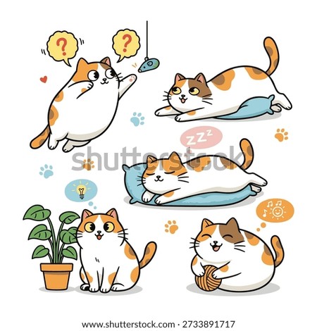 A vibrant, cartoon-style illustration featuring calico cats in various playful poses. Vector Template on Transparent Background