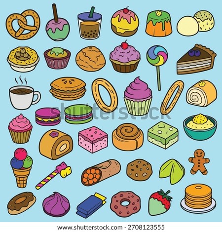 A vibrant, cartoon-style illustration featuring a large variety of colorful dessert and sweet food icons on a light blue background. The collection includes popular items such as donuts, cupcakes, mac