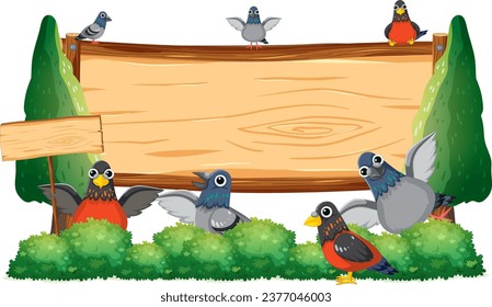 A vibrant cartoon-style illustration featuring a variety of birds and pigeons gathered on a wooden board banner surrounded by trees and bushes