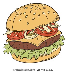 A vibrant, cartoon-style illustration of a juicy cheeseburger.