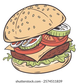 A vibrant, cartoon-style illustration of a juicy cheeseburger.