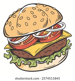 A vibrant, cartoon-style illustration of a juicy cheeseburger.