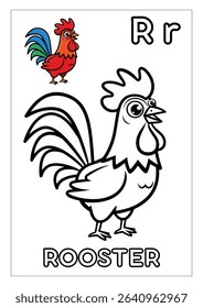 A vibrant, cartoon-style illustration of a rooster, presented both in full color and as a black-and-white outline for coloring.