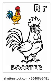 A vibrant, cartoon-style illustration of a rooster, presented both in full color and as a black-and-white outline for coloring.
