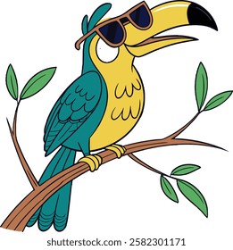 A vibrant, cartoon-style illustration of a toucan wearing stylish sunglasses, perched on a tree branch with green leaves.
