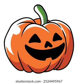 A vibrant, cartoon-style pumpkin illustration with a classic jack-o'-lantern face, ideal for Halloween-themed designs and festive decorations.