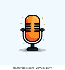 A vibrant, cartoon-style retro microphone illustration with a glowing orange body, surrounded by sparkling effects on a light blue background.