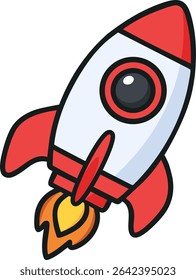 A vibrant cartoon-style rocket icon featuring bold outlines, red fins, and fiery exhaust, ideal for tech, startup, or space-themed projects.