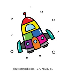A vibrant, cartoon-style rocket ship with multiple colorful sections, including red, yellow, blue, green, purple, and orange, floating in a simple, whimsical space.