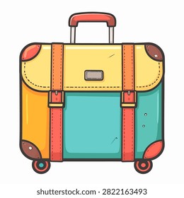 Vibrant cartoon-style suitcase with wheels and handle, ideal for travel, adventure, and vacation themes, featuring bright colors and playful design.