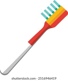 Vibrante ilustración de cepillo de dientes de estilo de dibujos animados. Icono colorido de la higiene dental con el mango rojo, el acento amarillo, y las cerdas azules. Gráfico de Vector de baño o de salud juguetón