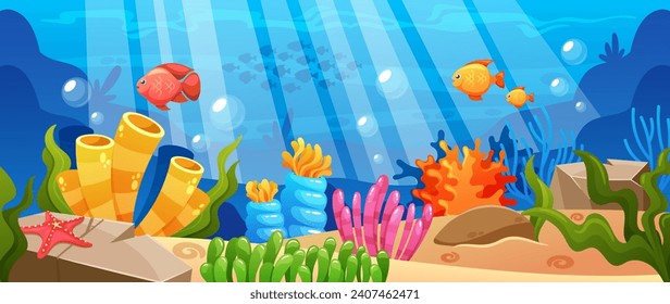 Vibrant Cartoon-style Underwater World Background Featuring Colorful Coral Reefs, Playful Marine Life, And Clear Water