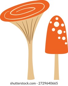 Una vibrante Ilustración vectorial de estilo de dibujos animados con dos setas en tonos rojos y naranjas. Una seta tiene una gorra ancha en forma de embudo con un patrón en espiral y branquias visibles, mientras que la otra tiene una clásica gorra en forma de cúpula con manchas blancas, inspirada en una mosca agárica. Ideal para ilustraciones de stock, diseños de otoño y Elementos gráficos.