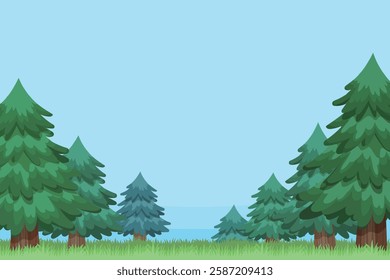 A vibrant cartoon-style vector illustration of a lush pine forest landscape. The scene features multiple evergreen trees, including fir and spruce, with rich green foliage and brown trunks. The backgr