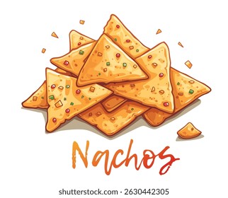 A vibrant cartoon-style vector illustration showcases a delicious pile of nachos garnished with colorful toppings. Perfect design for food related projects and culinary enthusiasts