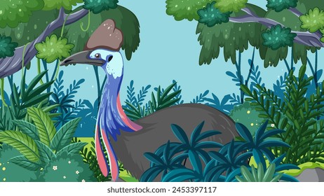 Vibrant cassowary bird among tropical foliage