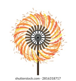 Vibrant Catherine wheel firework exploding with orange and yellow sparks.