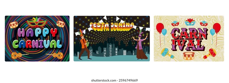 A vibrant celebration of Brazilian culture. A lively Festa Junina evening celebration with musician and dancer. Carnival party concept. A lively carnival with masks, drums, and colorful balloons.