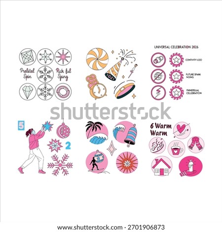 Vibrant celebration concept perfect for optimistic marketing. Features playful icons of winter, beach, and cozy themes. Ideal for commercial projects and cheerful designs.