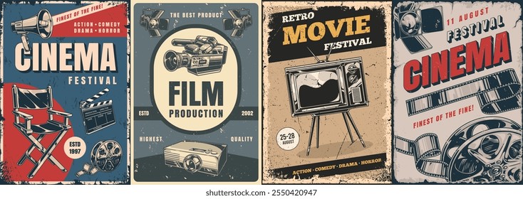 Una vibrante celebración de la cultura cinematográfica presenta afiches de estilo retro que promueven un festival de cine. Las actividades incluyen proyecciones de películas y discusiones sobre películas clásicas.