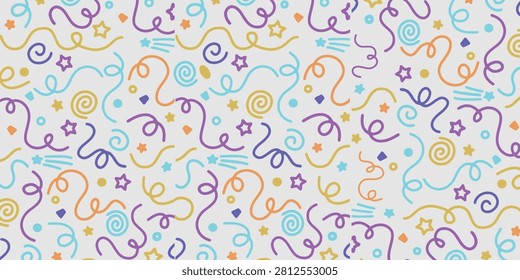Vibrant celebration pattern featuring colorful confetti and streamers on a light background, perfect for festive occasions and party decorations.