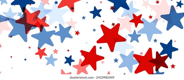 A vibrant and celebratory array of overlapping red, blue, and pink stars with smaller star accents on a white background, creating a festive and patriotic pattern.