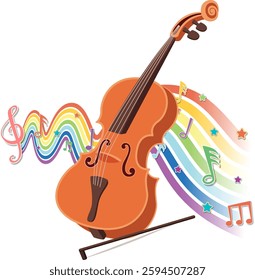 Vibrant cello with rainbow musical notes and waves