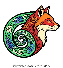 Un zorro celta vibrante con arremolinadas nudos en espiral y colores inspirados en el bosque. Este diseño combina el folclore irlandés con elegantes motivos celtas, perfectos para los amantes de la naturaleza, temas del Día de San Patricio. 