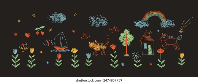 Vibrant chalk drawing of a whimsical garden with flowers, butterfly, boat, cat, unicorn, and rainbow doodles. Captures childhood wonder, childrens illustration on isolated dark background.