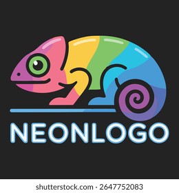 um design vibrante do logotipo camaleão com cores arco-íris. o texto neonlogo está abaixo do camaleão. o plano de fundo é escuro e o estilo é moderno