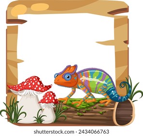 Vibrant chameleon with mushrooms on a wooden frame.