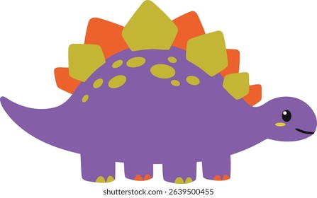 A vibrant and charming cartoon vector illustration of a purple dinosaur, reminiscent of a Stegosaurus, with colorful orange and yellow plates along its back and a sweet, smiling face.