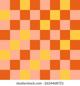 A vibrant checkerboard pattern features orange, yellow, and peach squares, creating a warm and playful geometric background. The design is suitable for various creative projects.