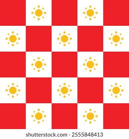 Vibrant checkered pattern featuring alternating red and white squares, each white square adorned with a bright yellow sun motif. Ideal for festive decor and designs.