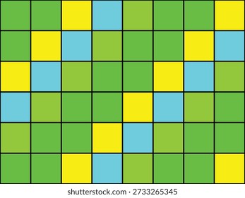 Vibrant checkered pattern with green, yellow, and blue squares, evoking a playful, magical rain-inspired design with bold, contrasting colors