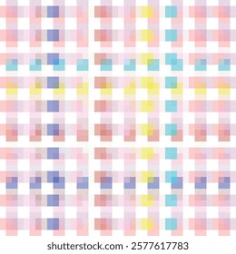 A vibrant checkered textile pattern featuring pastel-colored gradient squares with soft hues of pink, yellow, blue, and purple. The design incorporates subtle diagonal line textures within each square