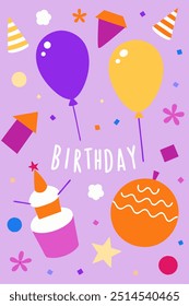 A vibrant and cheerful birthday illustration featuring balloons, confetti, and a celebratory cake. Perfect for adding a festive touch to your projects, this design is ideal for greeting cards.