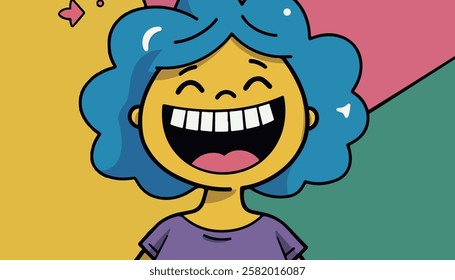 A vibrant and cheerful cartoon character with bright blue curly hair and a wide smile. The background features a mix of colorful geometric shapes, enhancing the joyful theme.

