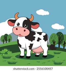 A vibrant and cheerful cartoon illustration of a dairy cow happily grazing in a lush green meadow. The cow, with its characteristic black and white patches, stands against a serene backdrop of rolling