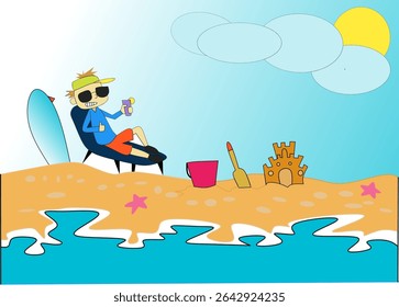 A vibrant and cheerful cartoon illustration depicting a relaxing summer beach scene. A character in sunglasses and a hat is lounging on a beach chair, enjoying a drink
