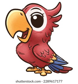 A vibrant and cheerful cartoon illustration of a parrot with expressive eyes and a playful smile.