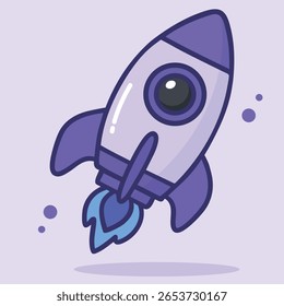 A vibrant and cheerful cartoon illustration of a rocket taking off, featuring playful purple tones and a bright blue flame.