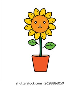 A vibrant, cheerful cartoon of a sunflower with a smiling face, potted in an orange pot with green leaves, isolated on a clean white background.