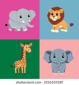 A vibrant and cheerful cartoon vector illustration featuring three iconic wild animals: an elephant, a lion, and a giraffe. Each animal is drawn in a colorful and playful flat style, perfectly arrange