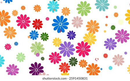 A vibrant and cheerful floral pattern featuring a multitude of colorful daisies scattered across a clean white backdrop in a playful and modern aesthetic