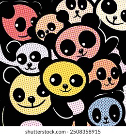 Un grupo vibrante y alegre de coloridos pandas de dibujos animados con ojos Grandes, dispuestos juguetonamente juntos, con un efecto Halftone que agrega un estilo cómico divertido y retro.
