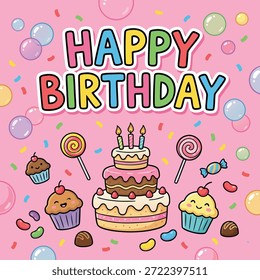 Eine lebendige und fröhliche Illustration mit einem mehrstufigen Geburtstagskuchen, Cupcakes, Lollis und Geleebohnen auf rosafarbenem Hintergrund mit Blasen.