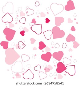 A vibrant and cheerful pattern of various shades of pink hearts on a pure white background.