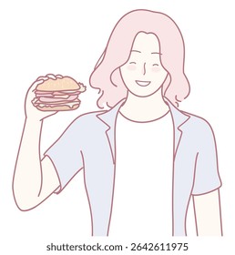 Uma pessoa vibrante e alegre está alegremente segurando um hambúrguer delicioso, mostrando perfeitamente seu prazer de comida